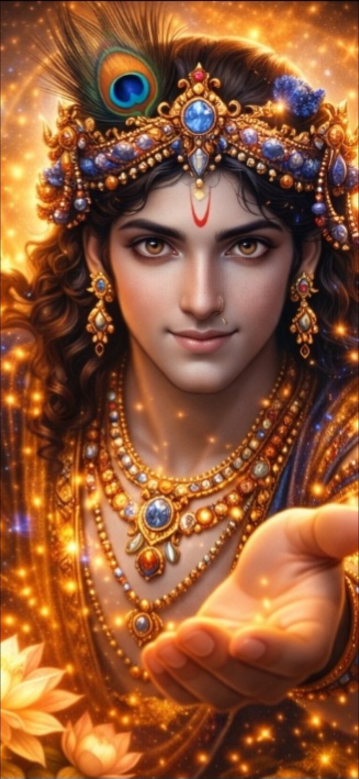 Kṛṣṇa arany fényben, felénk nyújtott kézzel